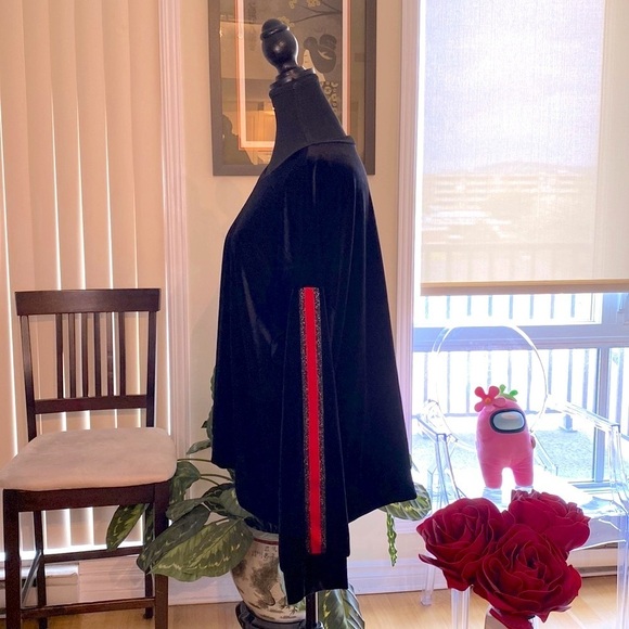 Y2K Sans Souci velour top.  Black. Red & Silver Lurex thread stripes sleeves. - Picture 3 of 9